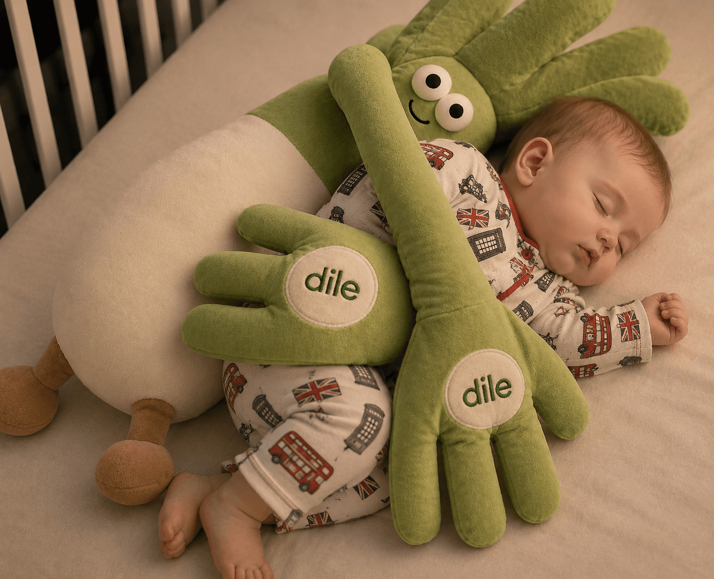 Baby asleep in the soft arms of the Dile Sleep Companion, in British-themed pyjamas