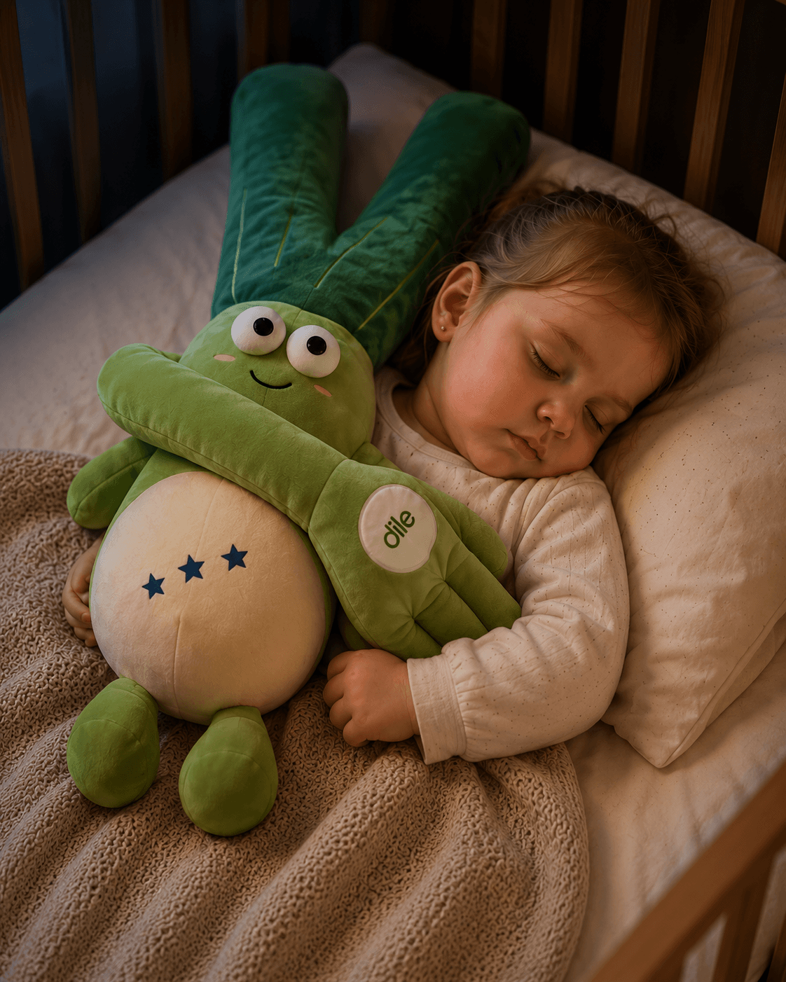 Baby girl sleeping peacefully in a cot with the Dile Sleep Companion